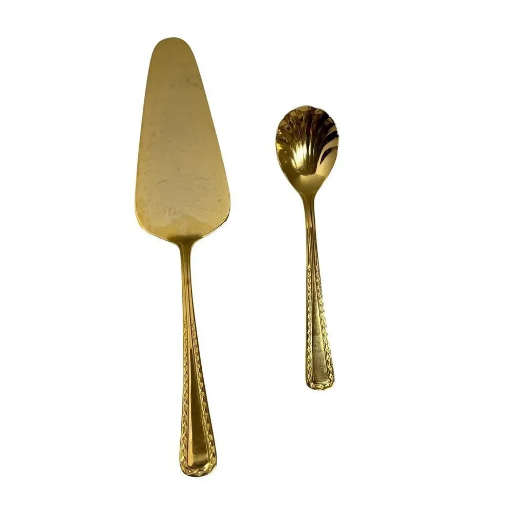 K+G 24 Karat Gold Plated Cake Server and Serving Spoon Set Decorative Handle